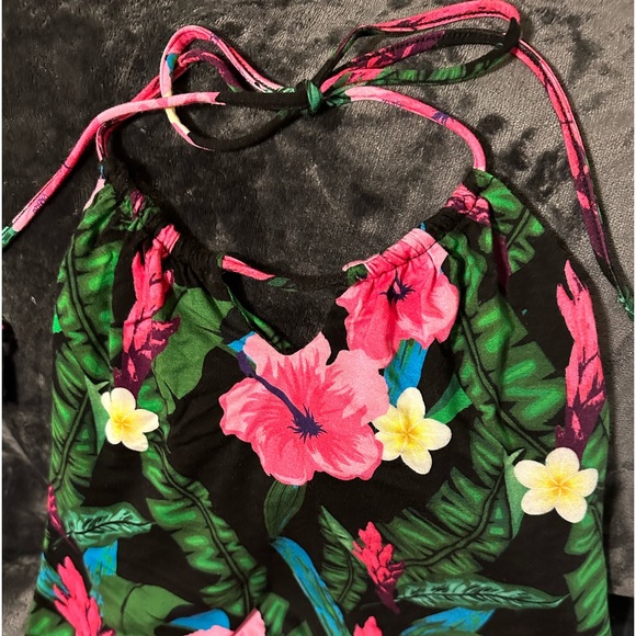 Colleen Lopez Halter Dress Vibrant Hibiscus Rayon Spandex Knee Length Large - Picture 8 of 13